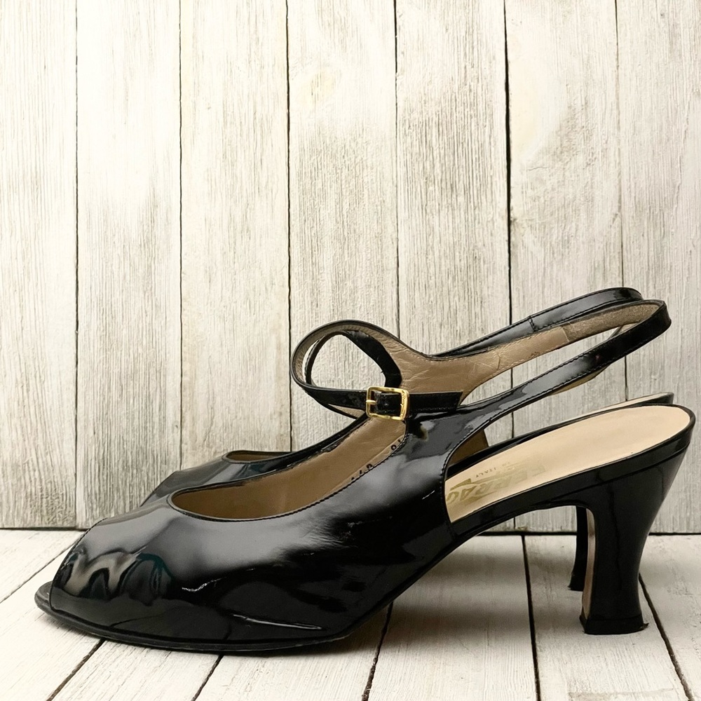 SALVATORE FERRAGAMO Manta Nero Patent Calf Open Toe Sling Back Mary Janes